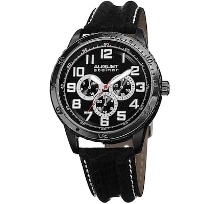August Steiner Men's Quartz Multifunction Leather Black Strap Watch