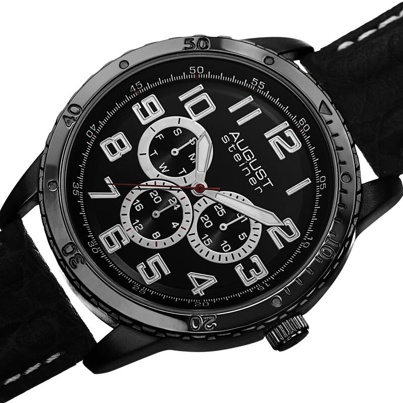August Steiner Men's Quartz Multifunction Leather Black Strap Watch