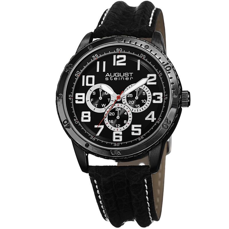 August Steiner Men's Quartz Multifunction Leather Black Strap Watch