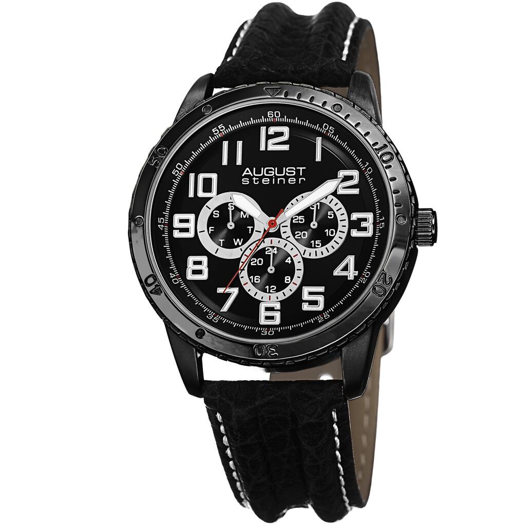 August Steiner Men's Quartz Multifunction Leather Black Strap Watch