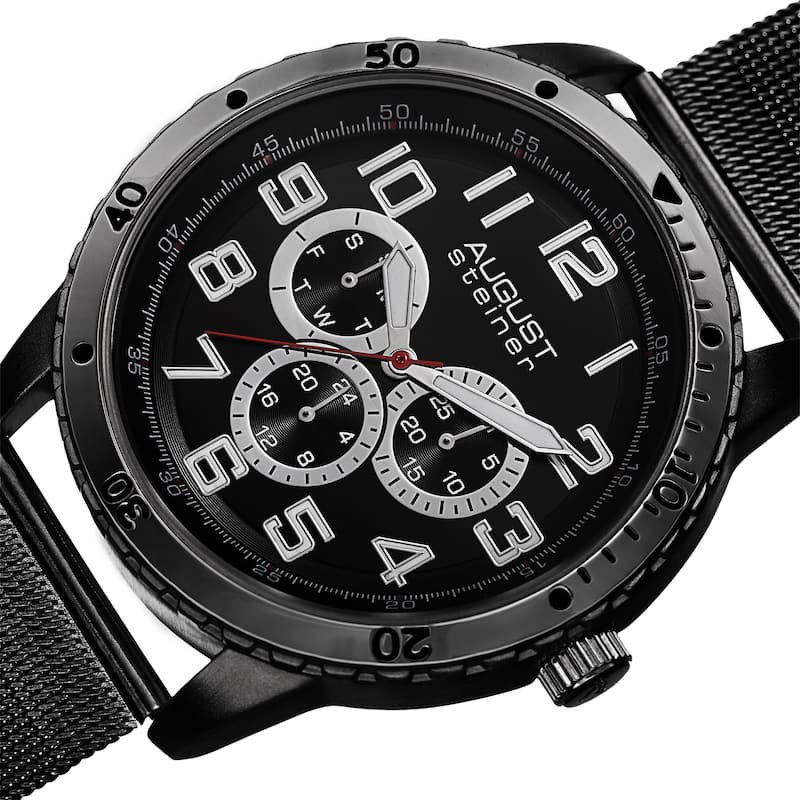 August Steiner Men's Quartz Multifunction Stainless Steel Mesh Black Bracelet Watch