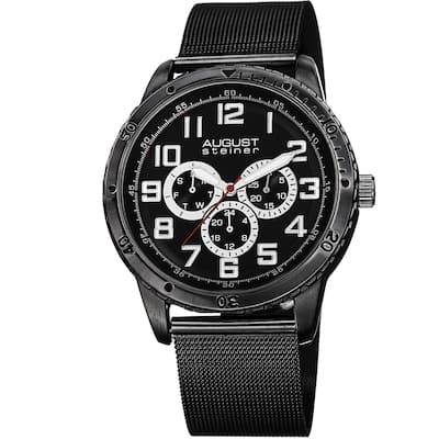 August Steiner Men's Quartz Multifunction Stainless Steel Mesh Black Bracelet Watch