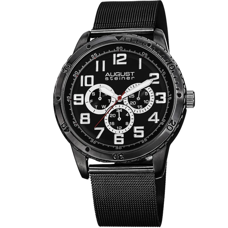 August Steiner Men's Quartz Multifunction Stainless Steel Mesh Black Bracelet Watch