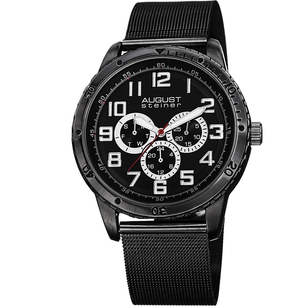 August Steiner Men's Quartz Multifunction Stainless Steel Mesh Black Bracelet Watch