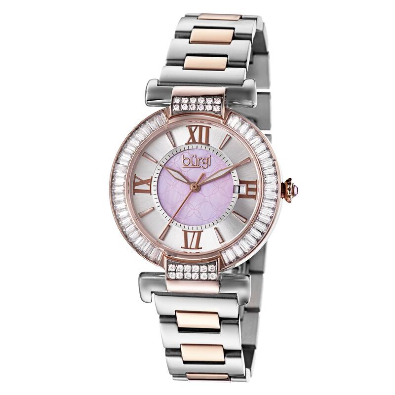 Burgi Women's Swiss Quartz Baguette Bezel Stainless Steel Two-Tone Bracelet Watch