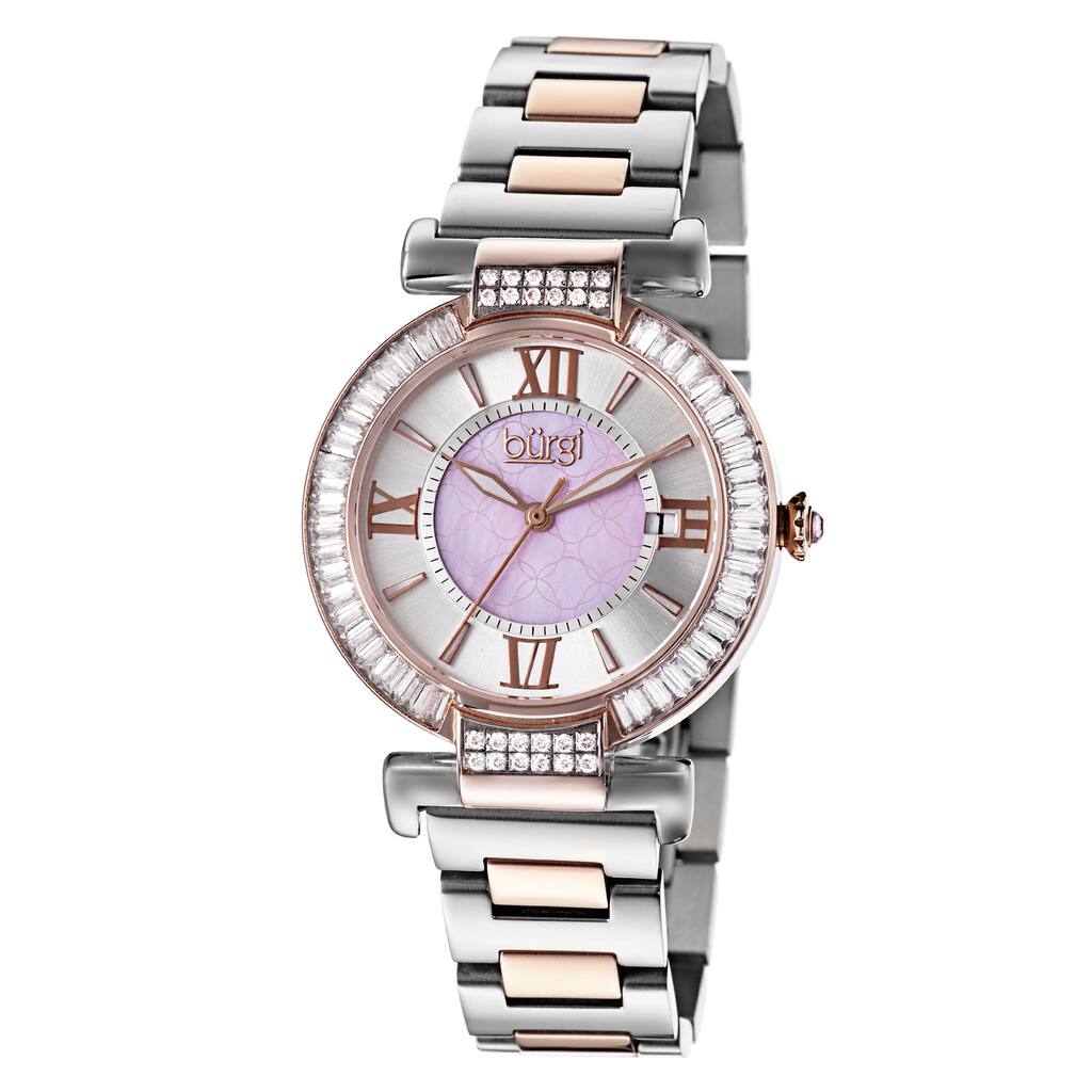 Burgi Women's Swiss Quartz Baguette Bezel Stainless Steel Two-Tone Bracelet Watch