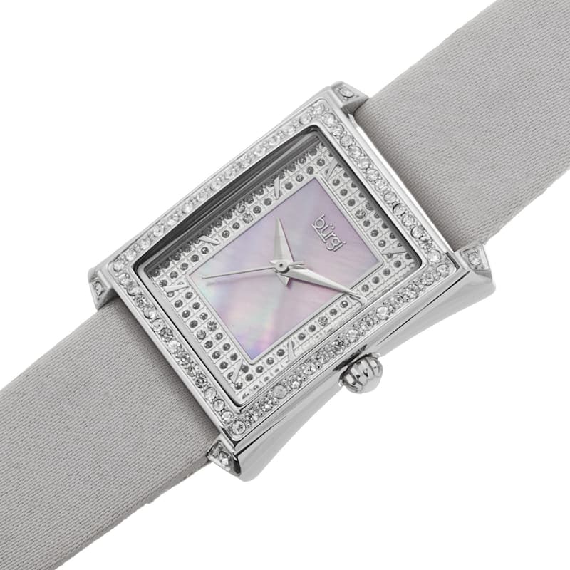 Burgi Women's Swiss Quartz Crystal-Accented Leather Grey Strap Watch