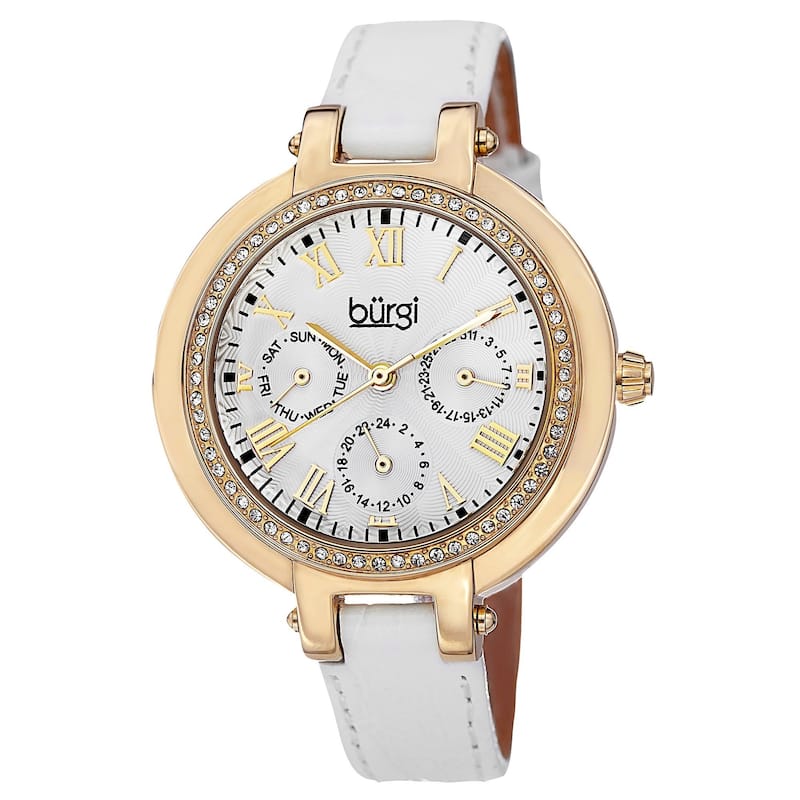 Burgi Women's Crystal-Accented Quartz Multifunction Leather Gold-Tone Strap Watch