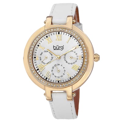 Burgi Women's Crystal-Accented Quartz Multifunction Leather Gold-Tone Strap Watch