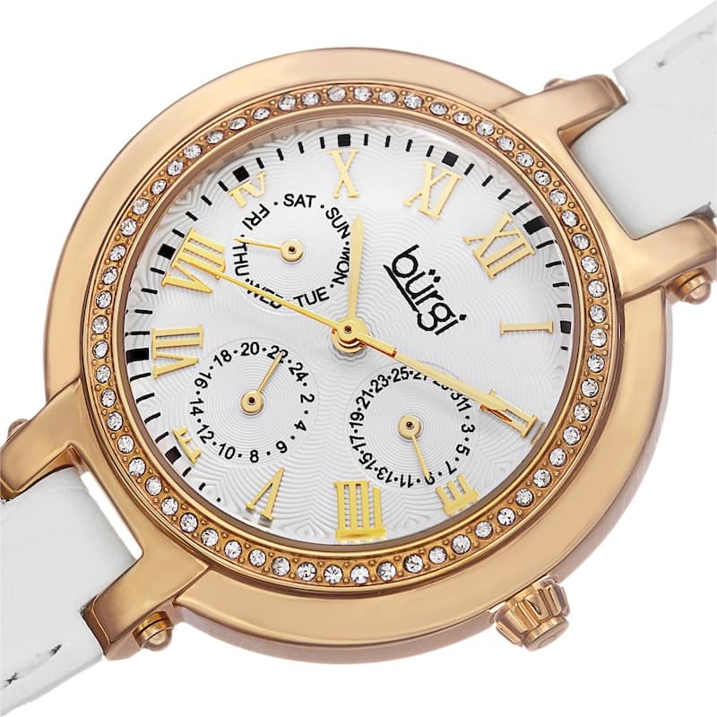 Burgi Women's Crystal-Accented Quartz Multifunction Leather Gold-Tone Strap Watch
