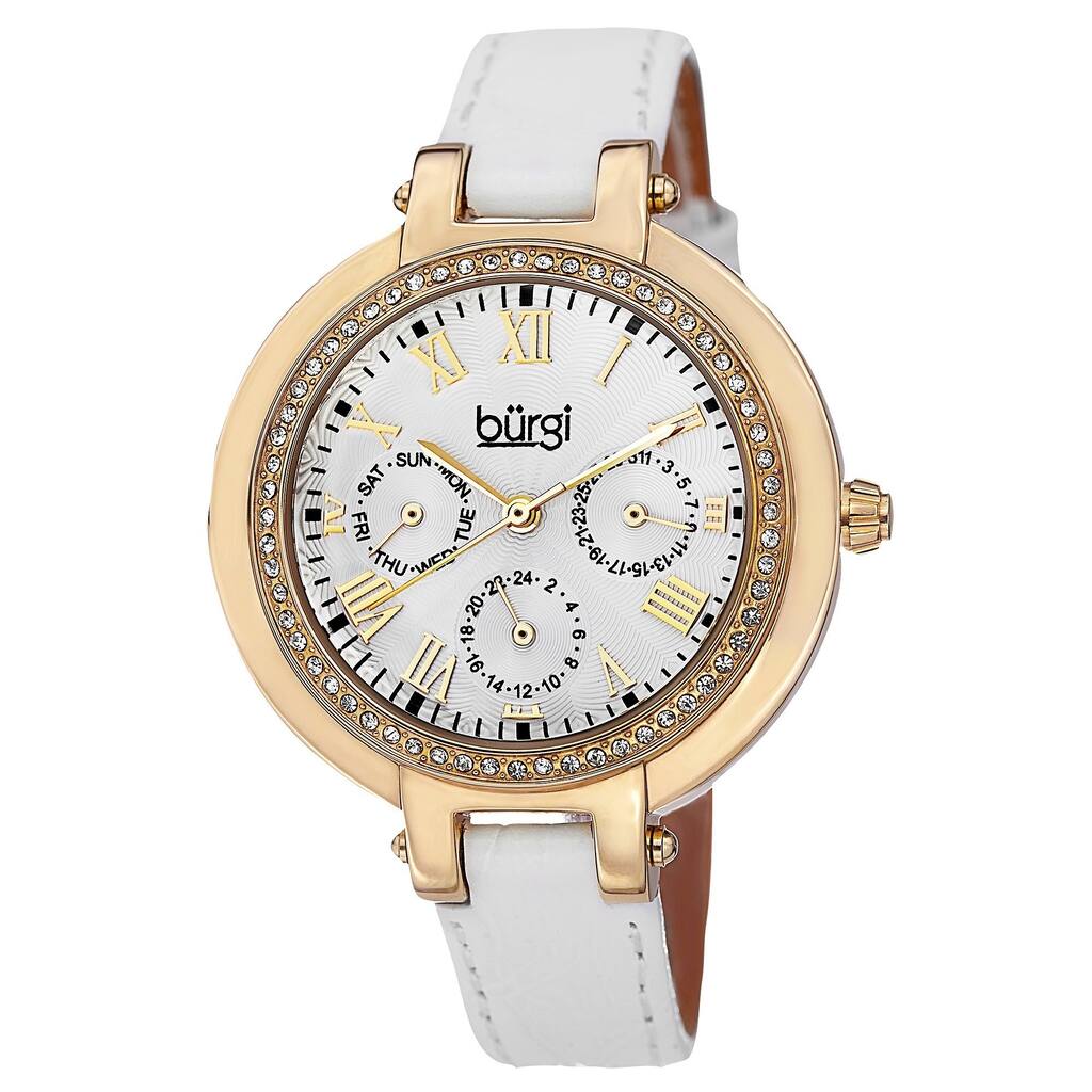 Burgi Women's Crystal-Accented Quartz Multifunction Leather Gold-Tone Strap Watch