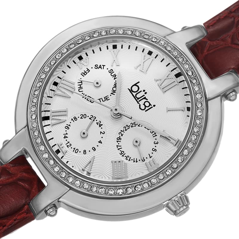Burgi Women's Crystal-Accented Quartz Multifunction Leather Strap Watch