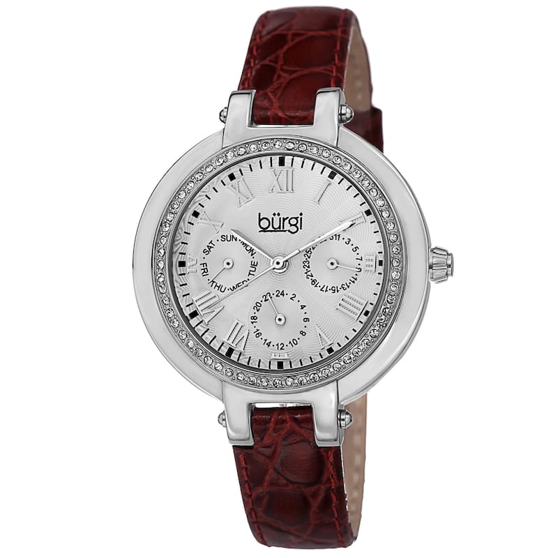 Burgi Women's Crystal-Accented Quartz Multifunction Leather Strap Watch