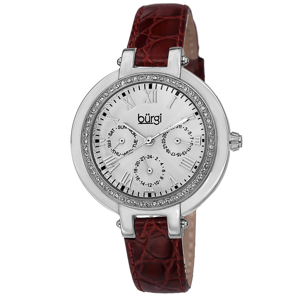 Burgi Women's Crystal-Accented Quartz Multifunction Leather Strap Watch