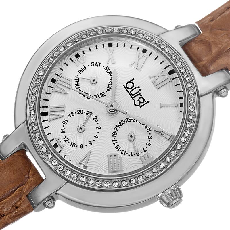 Burgi Women's Crystal-Accented Quartz Multifunction Leather Orange Strap Watch