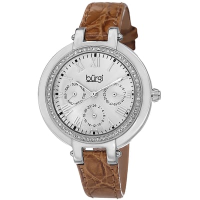 Burgi Women's Crystal-Accented Quartz Multifunction Leather Orange Strap Watch
