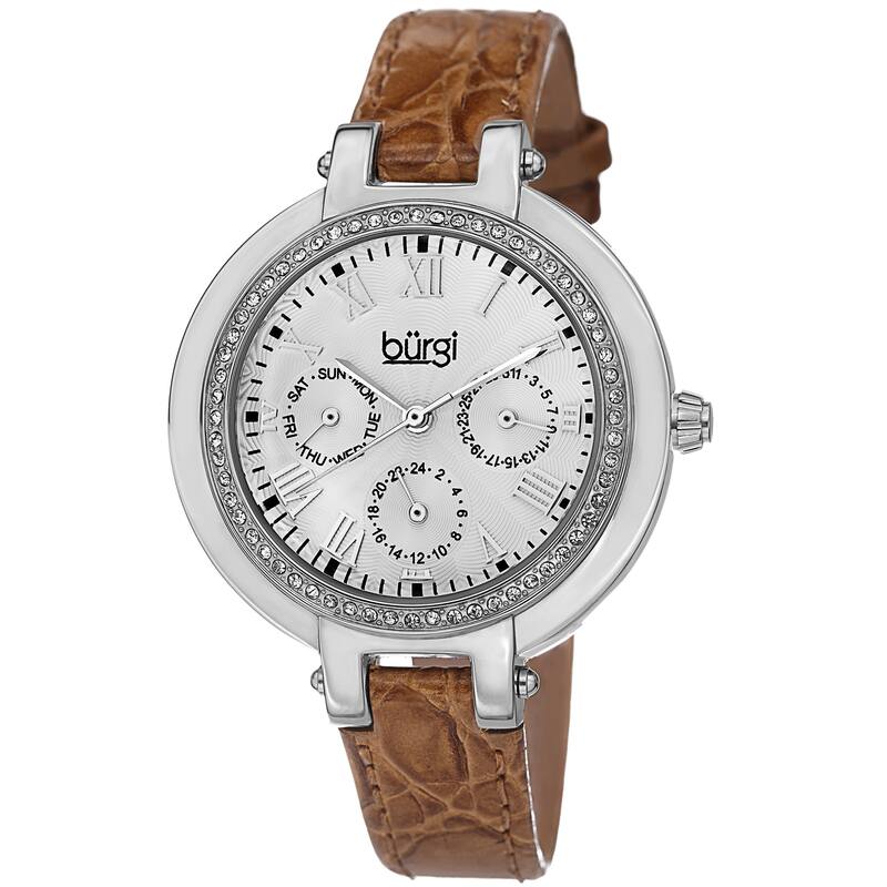 Burgi Women's Crystal-Accented Quartz Multifunction Leather Orange Strap Watch