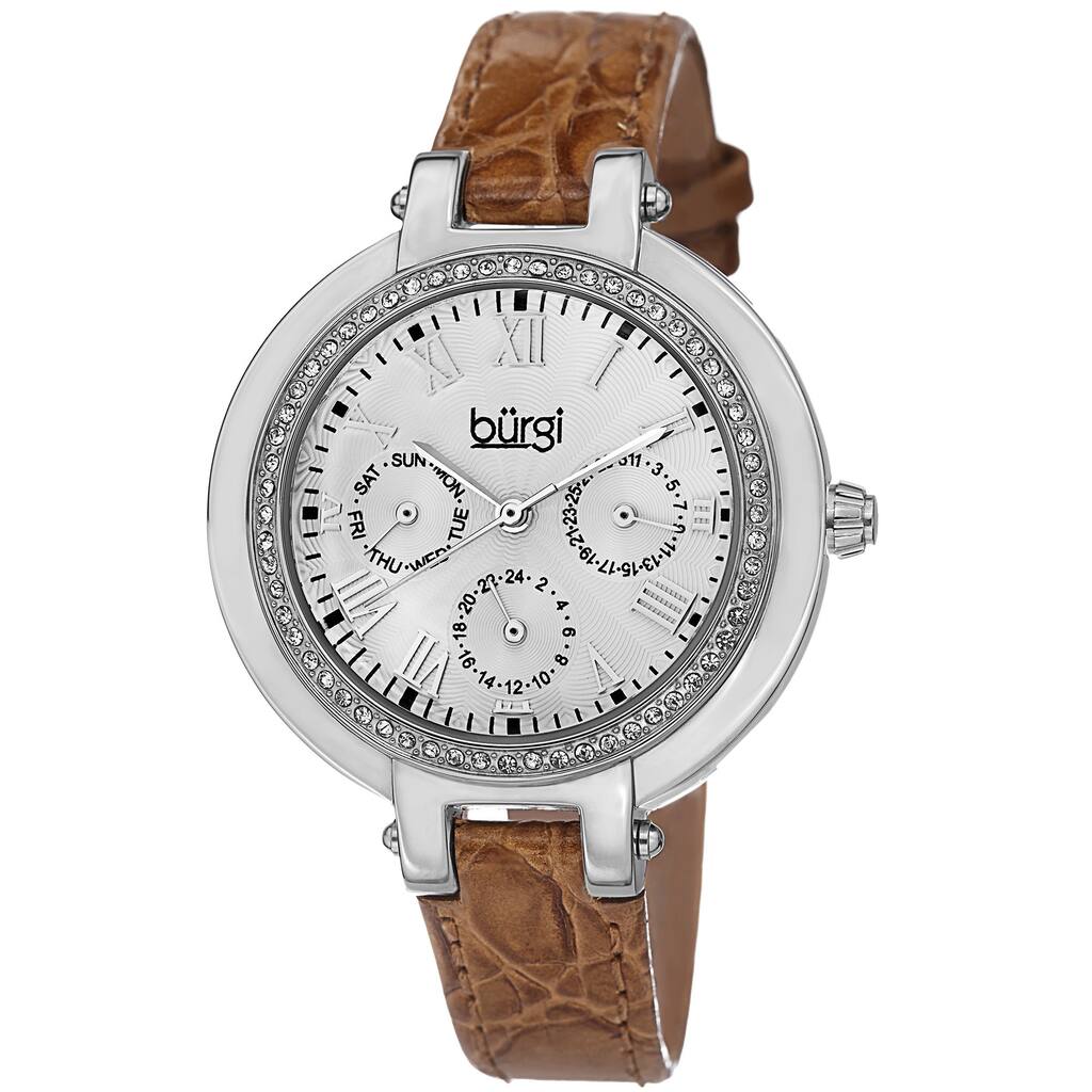 Burgi Women's Crystal-Accented Quartz Multifunction Leather Orange Strap Watch