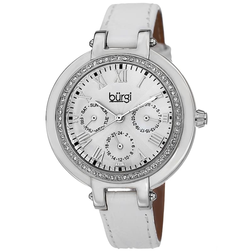 Burgi Women's Crystal-Accented Quartz Multifunction Leather Silver-Tone Strap Watch
