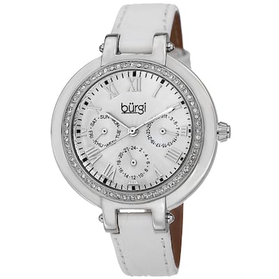 Burgi Women's Crystal-Accented Quartz Multifunction Leather Silver-Tone Strap Watch