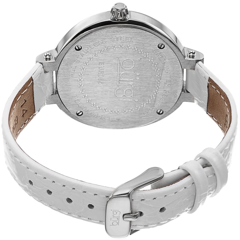 Burgi Women's Crystal-Accented Quartz Multifunction Leather Silver-Tone Strap Watch
