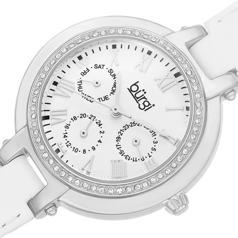 Burgi Women's Crystal-Accented Quartz Multifunction Leather Silver-Tone Strap Watch