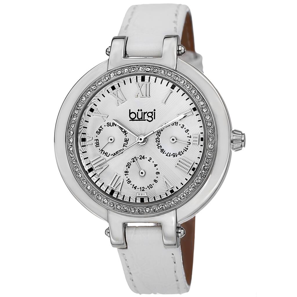 Burgi Women's Crystal-Accented Quartz Multifunction Leather Silver-Tone Strap Watch