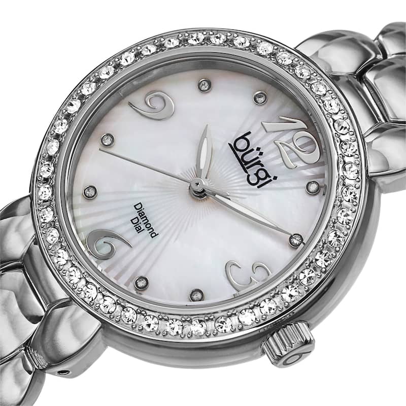 Burgi Women's Swiss Quartz Diamond Stainless Steel Silver-Tone Bracelet Watch