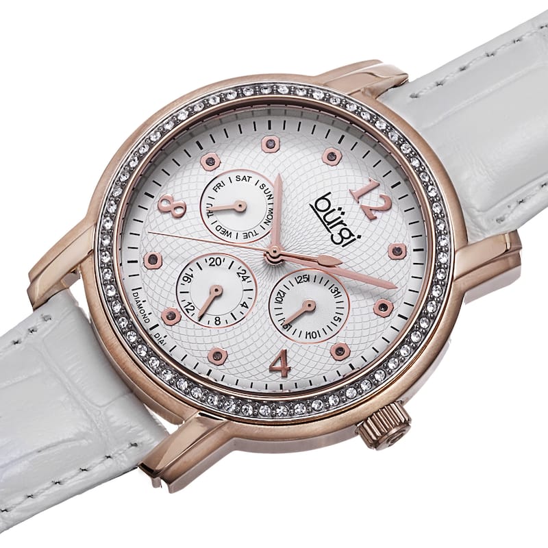 Burgi Women's Quartz Diamond Dial Multifunction Leather Rose-Tone Strap Watch