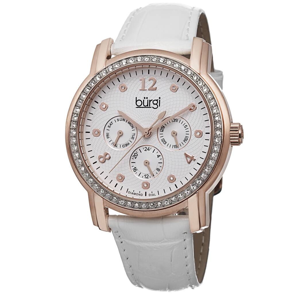 Burgi Women's Quartz Diamond Dial Multifunction Leather Rose-Tone Strap Watch
