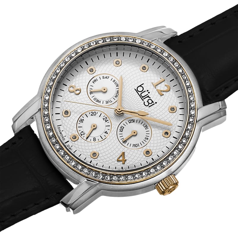 Burgi Women's Quartz Diamond Dial Multifunction Leather Black Strap Watch