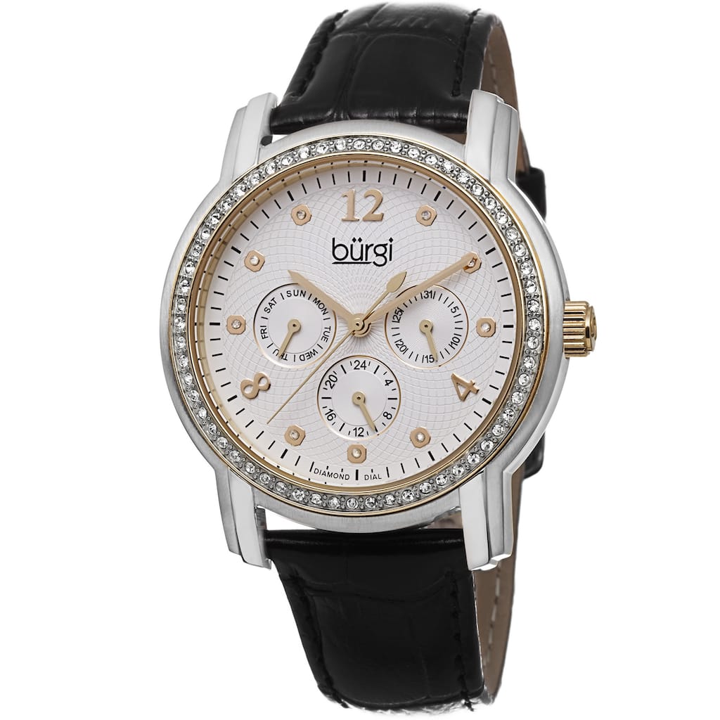Burgi Women's Quartz Diamond Dial Multifunction Leather Black Strap Watch