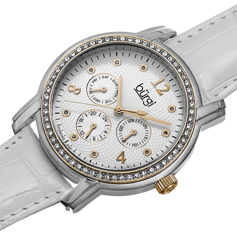 Burgi Women's Quartz Diamond Dial Multifunction Leather Gold-Tone Strap Watch