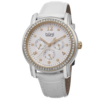 Burgi Women's Quartz Diamond Dial Multifunction Leather Gold-Tone Strap Watch