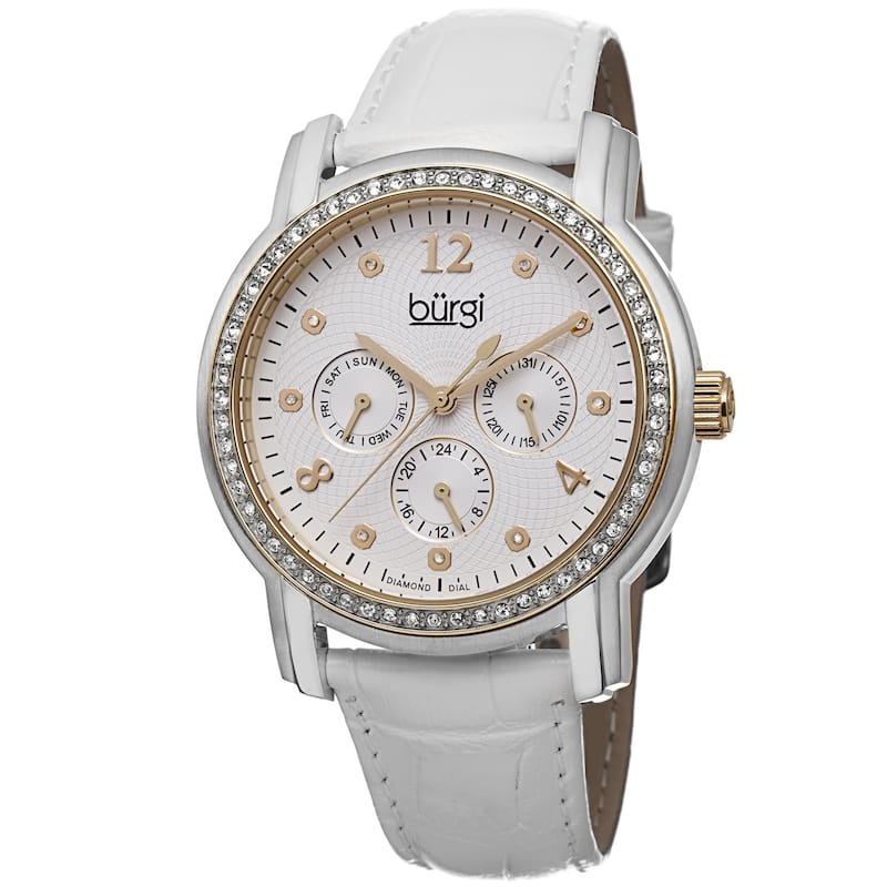 Burgi Women's Quartz Diamond Dial Multifunction Leather Gold-Tone Strap Watch
