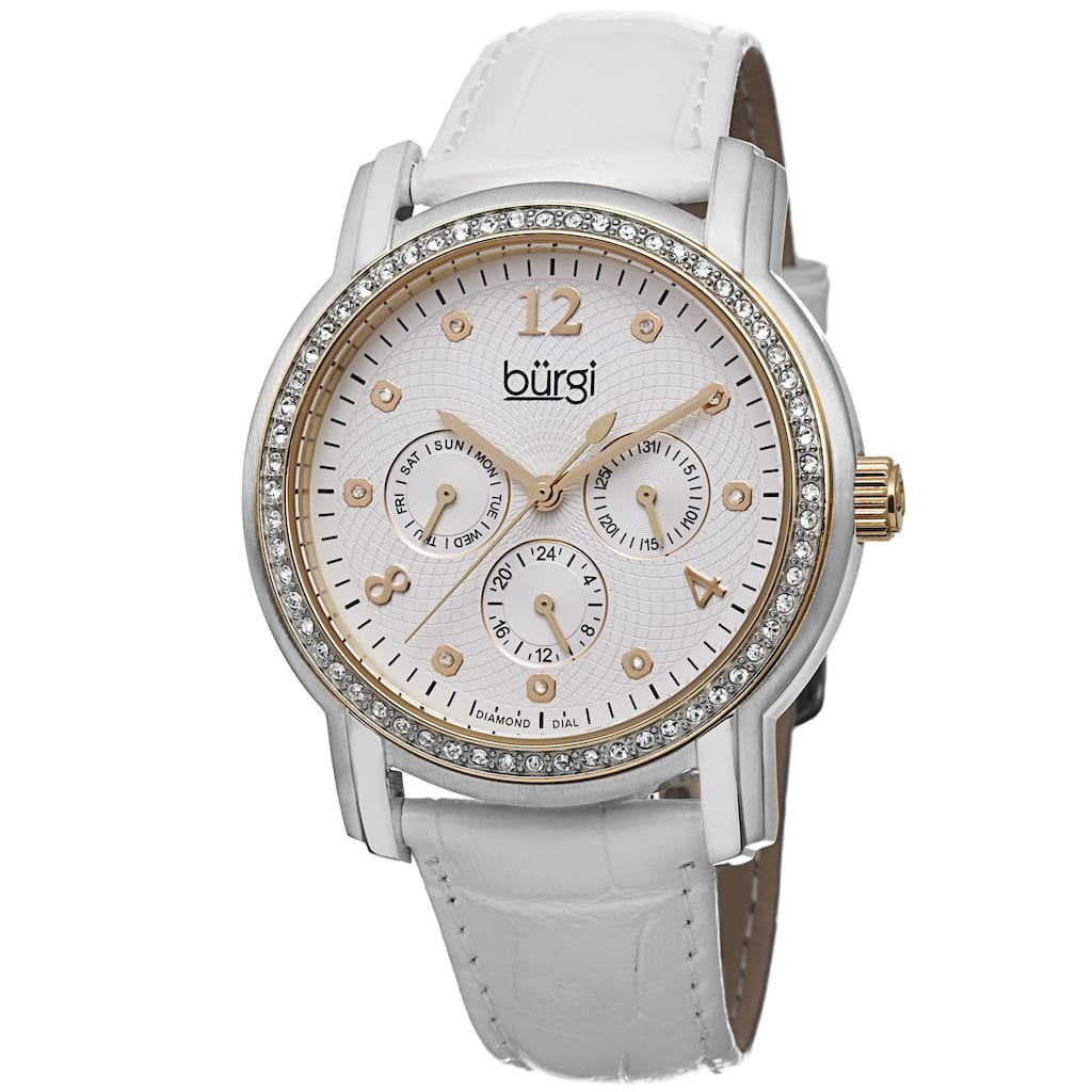 Burgi Women's Quartz Diamond Dial Multifunction Leather Gold-Tone Strap Watch