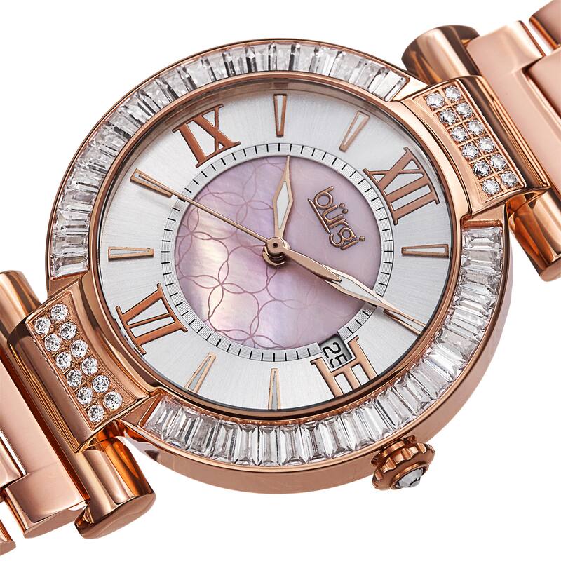 Burgi Women's Swiss Quartz Baguette Bezel Stainless Steel Rose-Tone Bracelet Watch