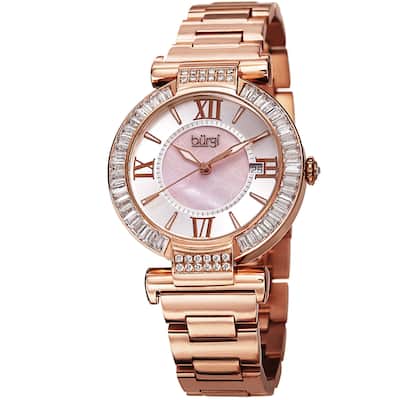 Burgi Women's Swiss Quartz Baguette Bezel Stainless Steel Rose-Tone Bracelet Watch