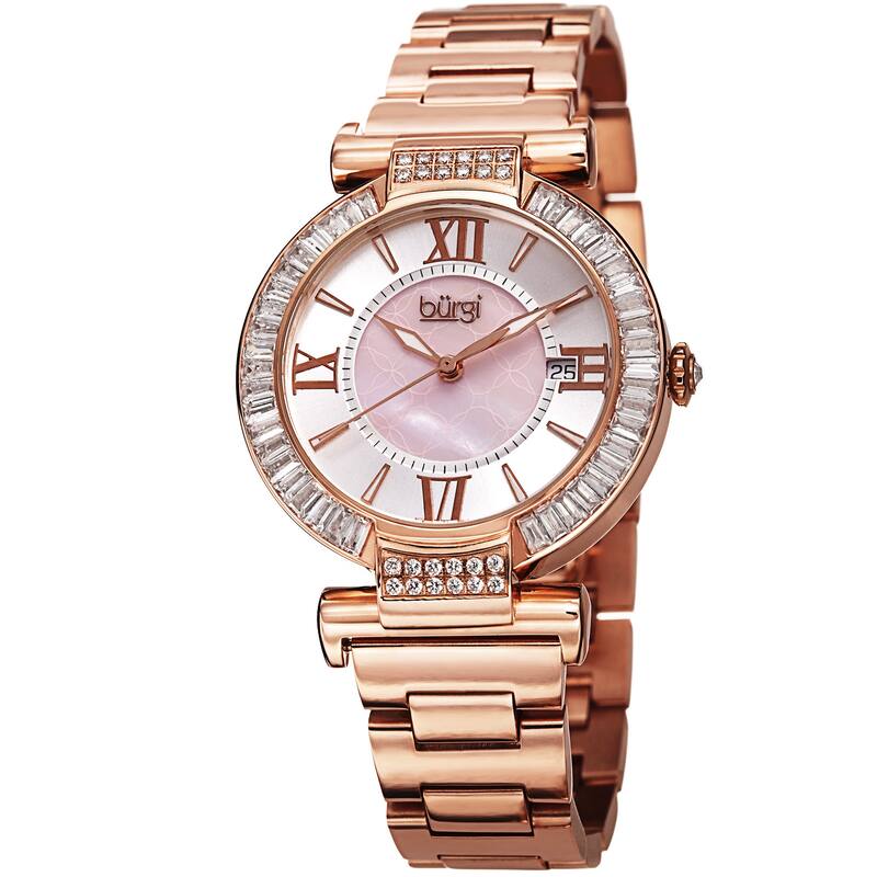 Burgi Women's Swiss Quartz Baguette Bezel Stainless Steel Rose-Tone Bracelet Watch