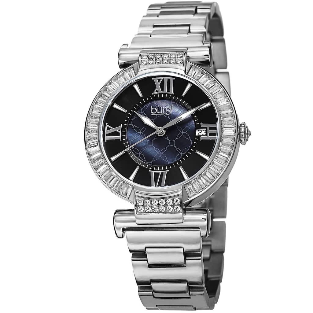 Burgi Women's Swiss Quartz Baguette Bezel Stainless Steel Silver-Tone Bracelet Watch