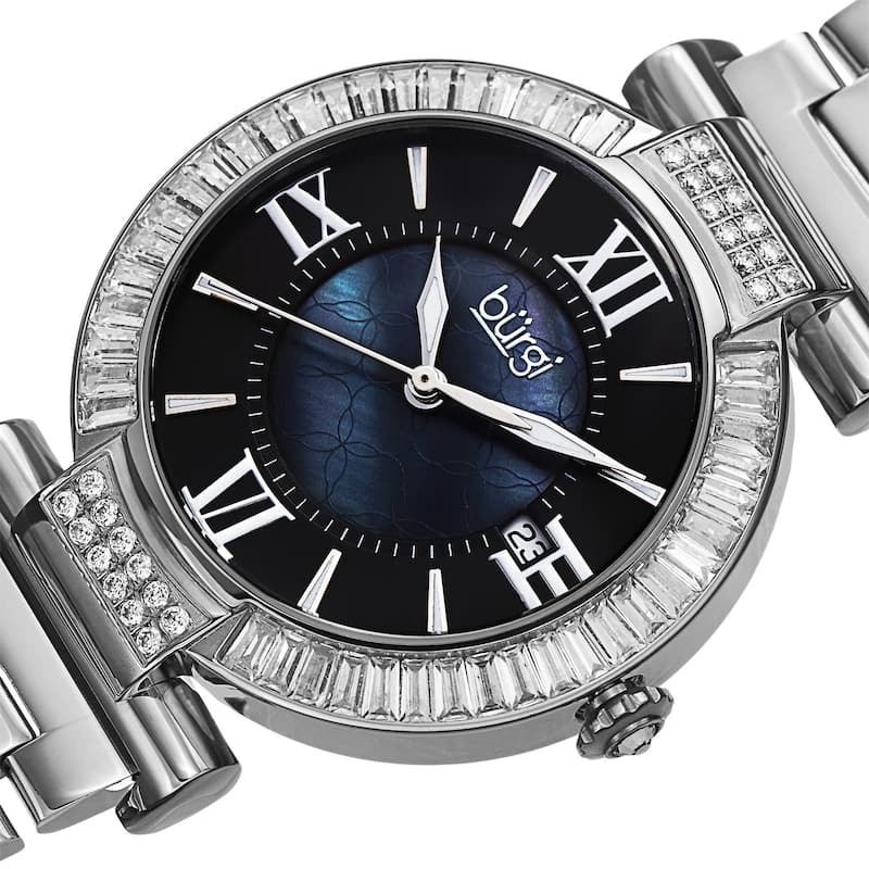 Burgi Women's Swiss Quartz Baguette Bezel Stainless Steel Silver-Tone Bracelet Watch