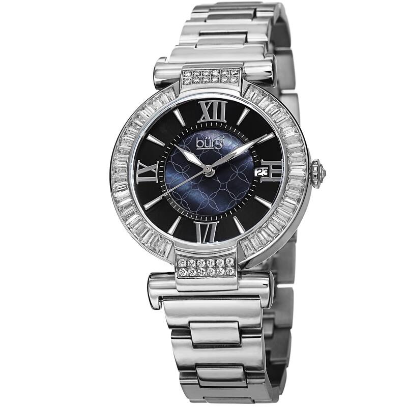 Burgi Women's Swiss Quartz Baguette Bezel Stainless Steel Silver-Tone Bracelet Watch