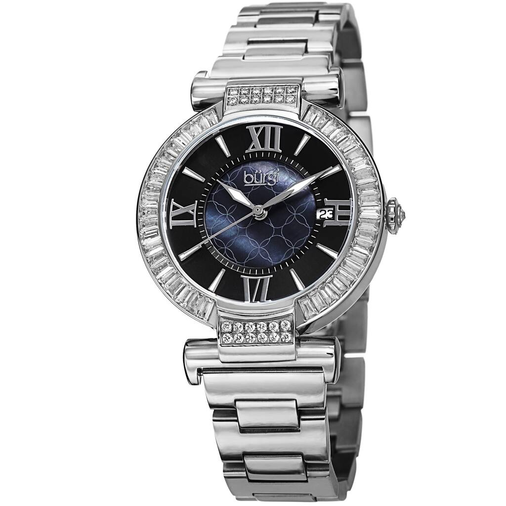Burgi Women's Swiss Quartz Baguette Bezel Stainless Steel Silver-Tone Bracelet Watch