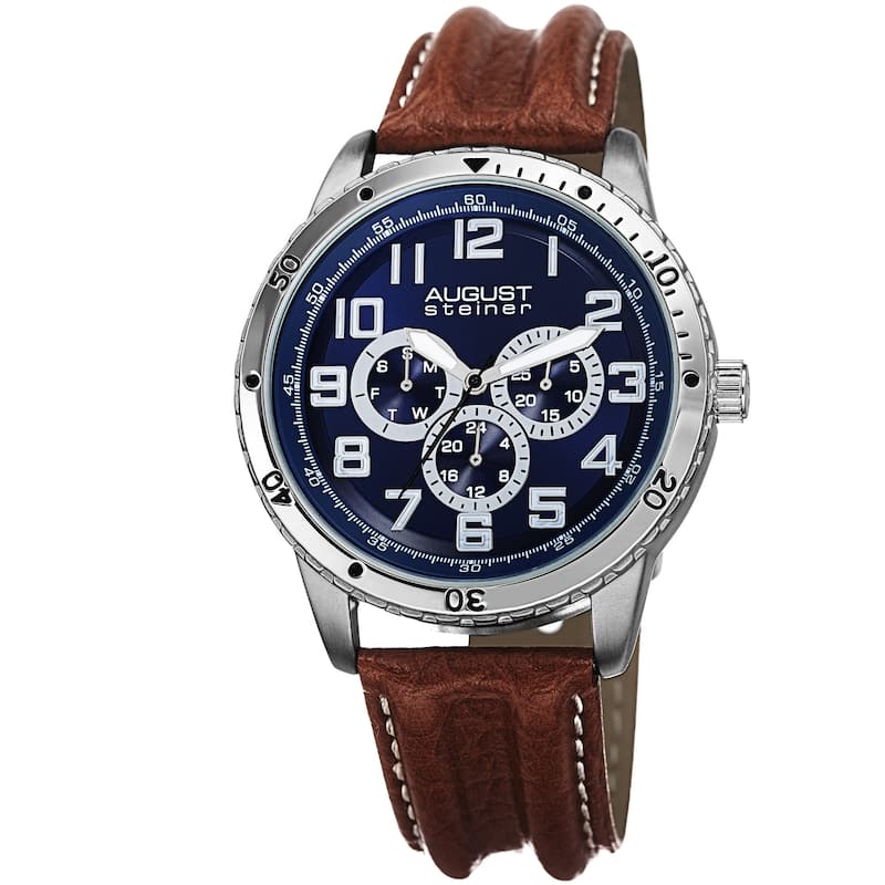 August Steiner Men's Quartz Multifunction Leather Brown Strap Watch