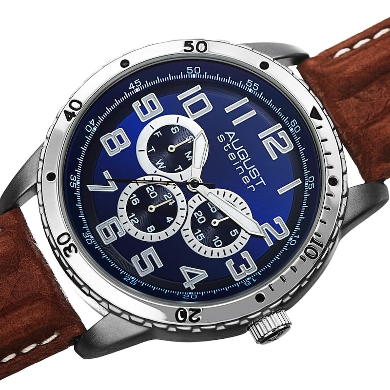 August Steiner Men's Quartz Multifunction Leather Brown Strap Watch