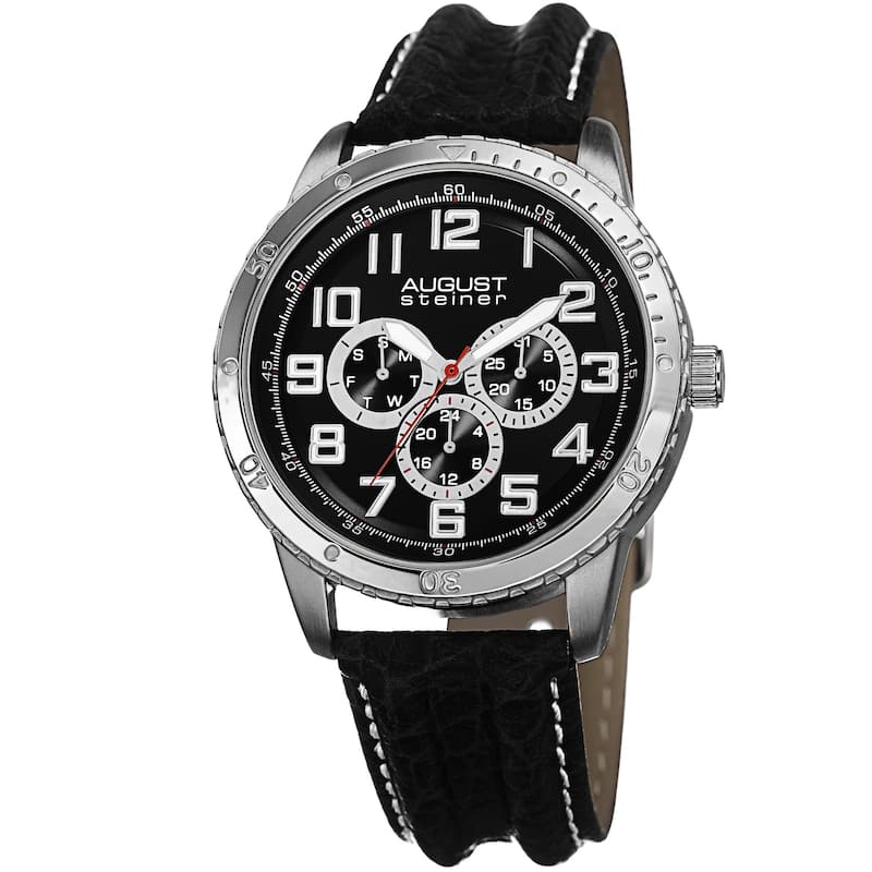 August Steiner Men's Quartz Multifunction Leather Silver-Tone Strap Watch