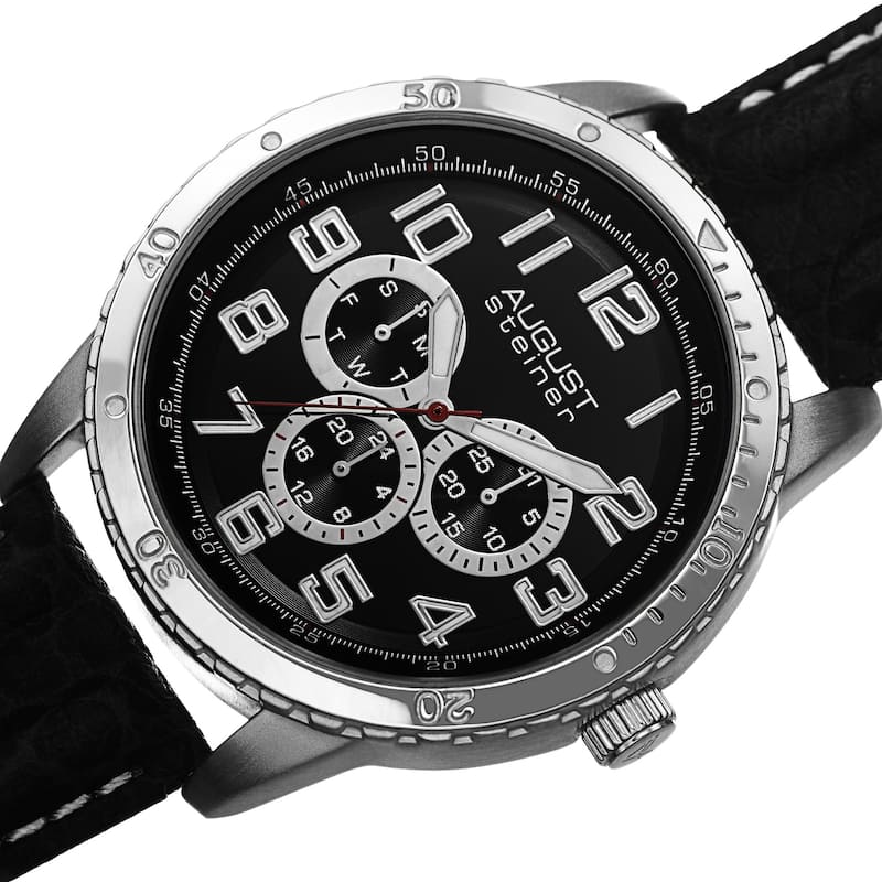 August Steiner Men's Quartz Multifunction Leather Silver-Tone Strap Watch