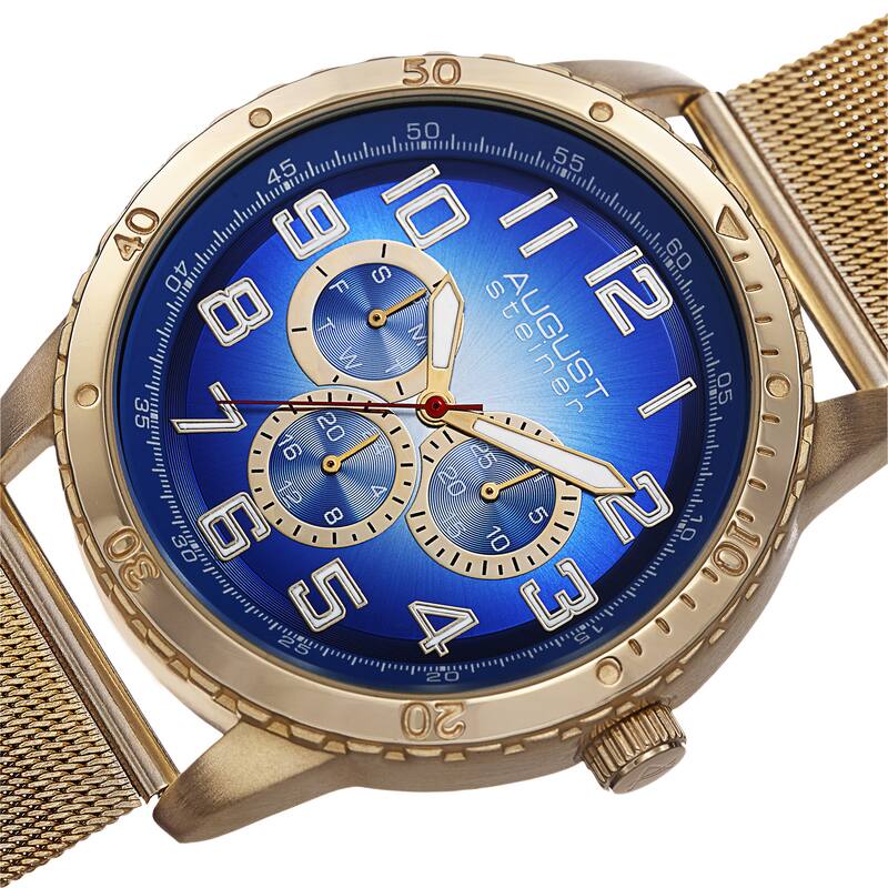 August Steiner Men's Quartz Multifunction Stainless Steel Mesh Gold-Tone Bracelet Watch