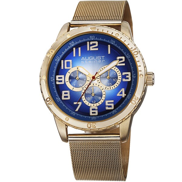 August Steiner Men's Quartz Multifunction Stainless Steel Mesh Gold-Tone Bracelet Watch