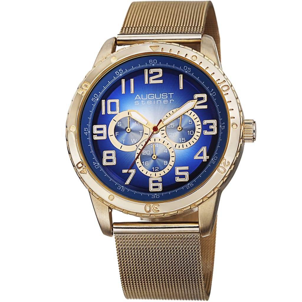 August Steiner Men's Quartz Multifunction Stainless Steel Mesh Gold-Tone Bracelet Watch